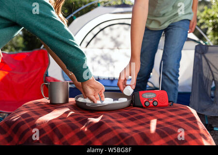 Anonymous childrenâ€™s hands reach for marshmallows while camping. Stock Photo