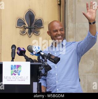 New Rochelle, USA. 27th July, 2019. It was MARIANO RIVERA Day for the  famous New York Yankees pitcher and newly inducted Hall of Famer (center),  who was honored by his adoptive city