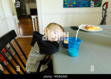 Toddler boy asleep in chair at dining room table during mealtime Stock Photo