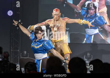 Tokyo, Japan. 27th July, 2019. Winners of the World Cosplay Championship 2018 (Banana Luis and Banana Ed from Mexico) perform during the World Cosplay Summit in Tokyo. The World Cosplay Summit (WCS) encourages cosplayers, or costume play, from Japan and 40 countries and regions to compete, with their costumes and performances, in the World Cosplay Championship in Nagoya to be held on August 3 and 4. Organizers claim over 1000 participants every year. Credit: ZUMA Press, Inc./Alamy Live News Stock Photo