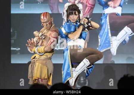 Tokyo, Japan. 27th July, 2019. Winners of the World Cosplay Championship 2018 (Banana Luis and Banana Ed from Mexico) perform during the World Cosplay Summit in Tokyo. The World Cosplay Summit (WCS) encourages cosplayers, or costume play, from Japan and 40 countries and regions to compete, with their costumes and performances, in the World Cosplay Championship in Nagoya to be held on August 3 and 4. Organizers claim over 1000 participants every year. Credit: ZUMA Press, Inc./Alamy Live News Stock Photo