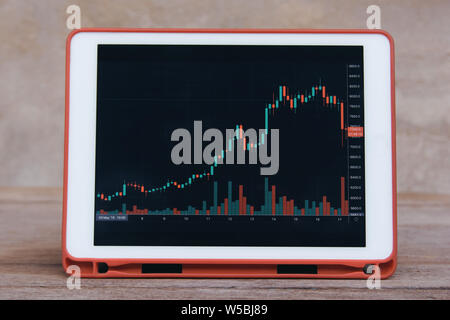 Stock trading forex on tablet on a wooden Table Stock Photo