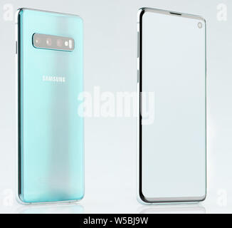 New york, USA - June 28, 2019: Isometric view of Samsung galaxy s10 isolated on white studio background Stock Photo