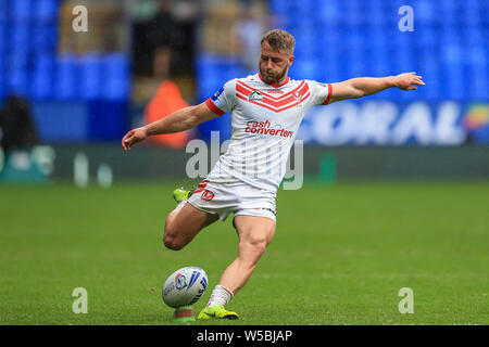 Bolton, UK. 27th July, 2019. 27th July 2019, University of Bolton Stadium, Bolton, England; 2019 Coral Challenge Cup Semi-Final, St Helens vs Halifax RLFC ; Danny Richardson (7) of St Helens converts Credit: Mark Cosgrove/News Images Credit: News Images /Alamy Live News Stock Photo