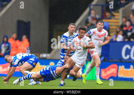 Bolton, UK. 27th July, 2019. 27th July 2019, University of Bolton Stadium, Bolton, England; 2019 Coral Challenge Cup Semi-Final, St Helens vs Halifax RLFC ; Regan Grace (5) of St Helens is tackled Credit: Mark Cosgrove/News Images Credit: News Images /Alamy Live News Stock Photo