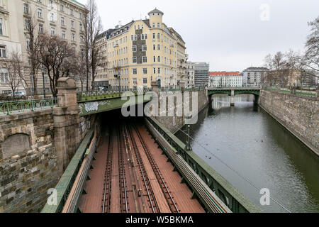 View around famous Donaukanal. Donaukanal is a former arm of the river Danube, now regulated as a water channel, within the city of Vienna, Austria. Stock Photo