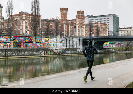 View around famous Donaukanal. Donaukanal is a former arm of the river Danube, now regulated as a water channel, within the city of Vienna, Austria. Stock Photo