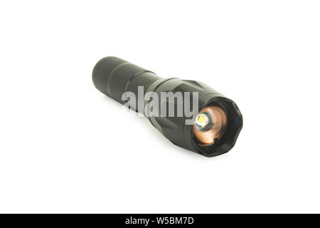 Black metal flashlight isolated on white background with clipping path Stock Photo