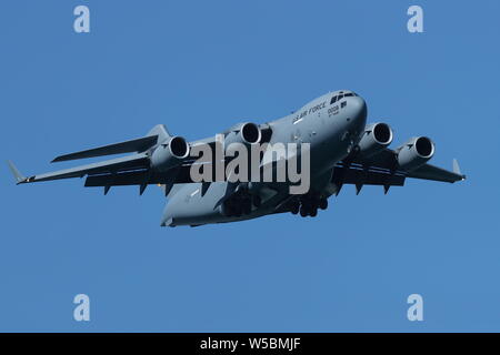 Boeing C-17 Globemaster III flying during the Great Pacific Airshow in Huntington Beach, California on October 19, 2018 Stock Photo