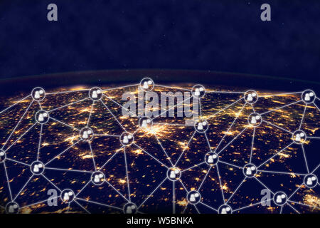 Global network and communication data exchanges over the planet Earth and transferring with technology of this image furnished by NASA. Stock Photo