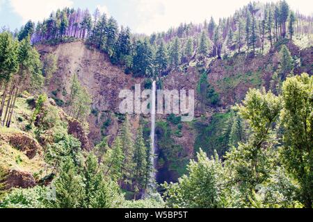 Beautiful wide shot of a thin tall waterfall on high cliffs in a forest surrounded by greenery Stock Photo