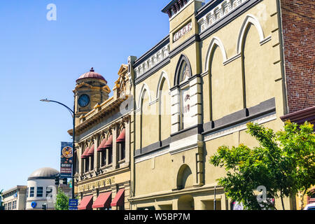 June 26, 2019 Oakdale / CA / USA - Historic buildings in downtown Oakdale; Exterior view of the Independent Order of Odd Fellows (I.O.O.F.) and First Stock Photo