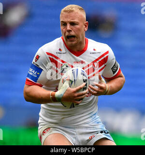 Bolton, UK. 27th July, 2019. Coral Challenge Cup Semi Final St Helens versus Halifax; Jack Ashworth of St Helens carries the ball Credit: Action Plus Sports Images/Alamy Live News Stock Photo