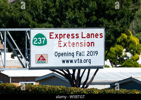 July 19, 2019 Sunnyvale / CA / USA - Express Lanes Extension sign posted on a local freeway in South San Francisco bay area Stock Photo