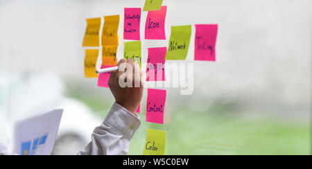 UI UX designer collecting any idea and stick it on the glass window Stock Photo