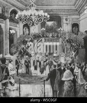 Bélgica. Bruselas. Viaje de S. M. el rey Alfonso XII (1857-1885). El vestíbulo del 'Theatre Royal de la Monnaie' (Teatro Real de la Moneda), en el acto de salir SS. MM. de la función de gala celebrada el 28 de septiembre de 1883. Dibujo del natural por Juan Comba. Grabado por Rico. La Ilustración Española y Americana, 30 de octubre de 1883.