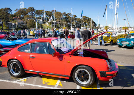 Classic red Porsche 911 carrera 3.2 engine from 1989 at a classic car show in Sydney,Australia Stock Photo