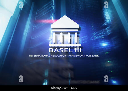 Basel 3. International regulatory framework for banks on abstract server room background. Stock Photo