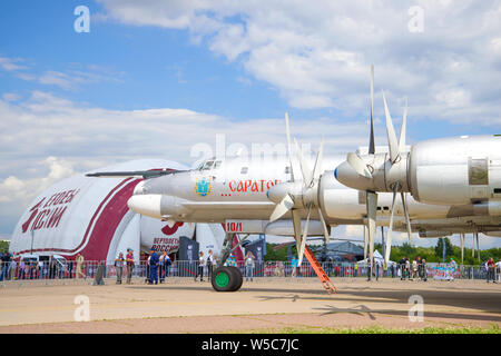 ZHUKOVSKY, RUSSIA - JULY 20, 2017: The Tu-95MS 'Bear' bomber rocket carrier on the MAKS-2017 air show Stock Photo
