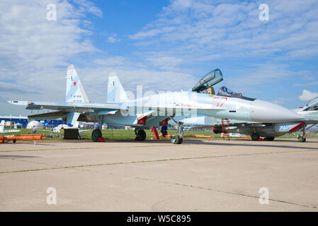 ZHUKOVSKY, RUSSIA - JULY 20, 2017: Russian multi-functional fighter Su-35s on the MAKS-2017 air show Stock Photo