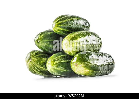Fresh cucumbers isolated on white background - close-up. Stock Photo