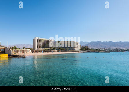 Aqaba, Jordan - November 6, 2017: View from the sea at the Kempinski Hotel Aqaba Red Sea in the Gulf of Aqaba in Aqaba, Jordan. Stock Photo