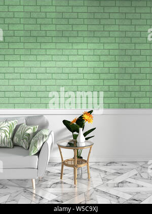 Tropical Loft interior mock up with sofa and decoration and green brick wall on granite floor .3D rendering Stock Photo