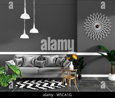 interior design empty room black wall and granite tile floor mock up. 3D rendering Stock Photo