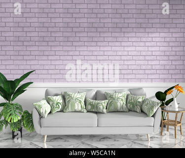 Tropical Loft interior mock up with sofa and decoration and pink brick wall on granite floor .3D rendering Stock Photo