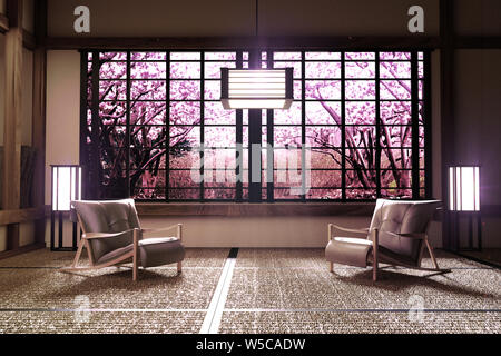 Sakura tree window view in Room interior with ,Zen style. 3D rendering Stock Photo