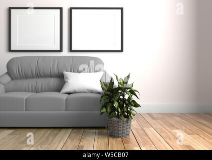 Modern living room interior with sofa and green plants,sofa on concrete wall background. 3d rendering Stock Photo