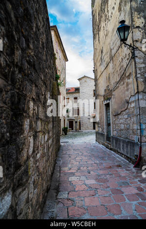 Montenegro, Historic district of perast old town with ancient houses and buildings in narrow alleys Stock Photo