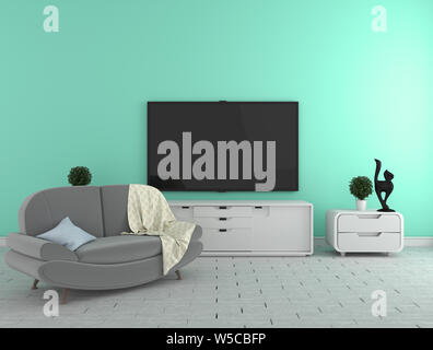 TV on the cabinet - modern living room on mint wall background - colorful stylle, 3d rendering Stock Photo
