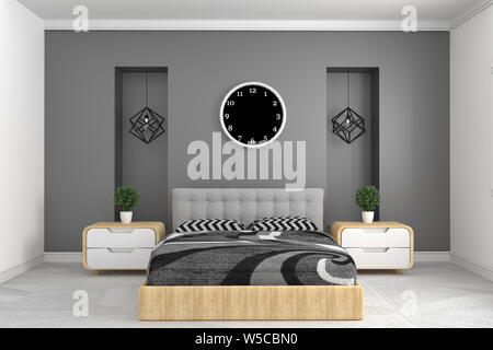 Modern gray bedroom interior with clock lamp and plants on cabinets. Frontal view. 3d rendering
