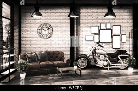 Loft interior mock up, Loft concept , white brick textured wall with loft chair and composition decoration loft style. 3d rendering Stock Photo