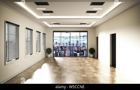 Office in modern style on wooden floor, city view. 3D Rendering Stock Photo