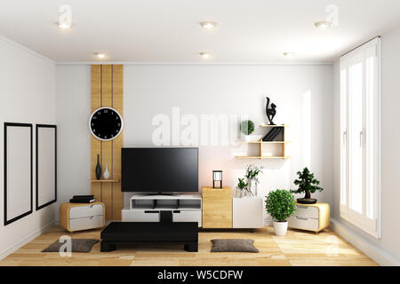 Smart TV in modern white empty room interior minimal designs - Japanese style. 3d rendering Stock Photo