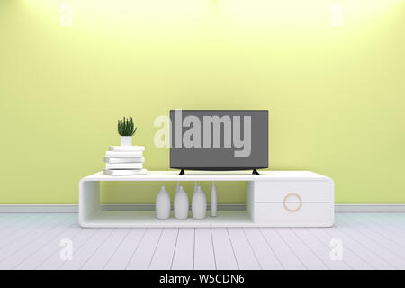 Smart Tv - Mock up - concept living room white style - yellow modern design . 3d rendering Stock Photo