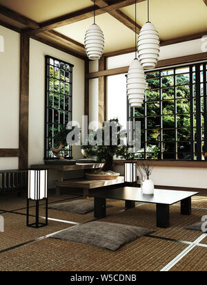 interior design,modern living room with chairs,lamp,tatami floor, Japanese  style, 3d rendering Stock Photo - Alamy