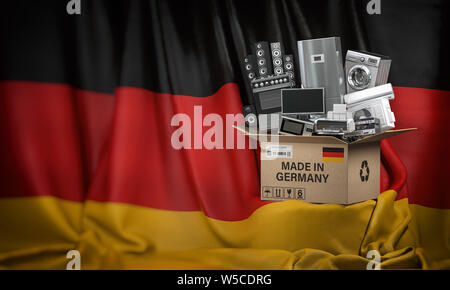 Household appliances made in Germany. Home kitchen technics in a cardboard box producted and delivered from Germany. 3d illustration Stock Photo