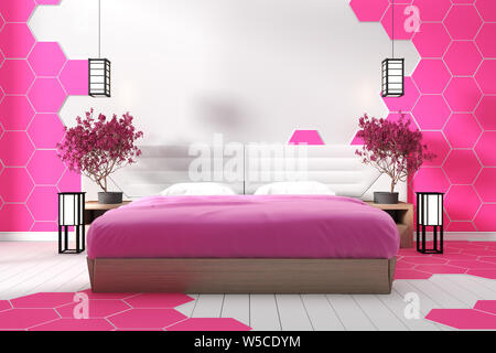 Modern white bedroom design pink hexagon tile - Zen style .3D rendering Stock Photo