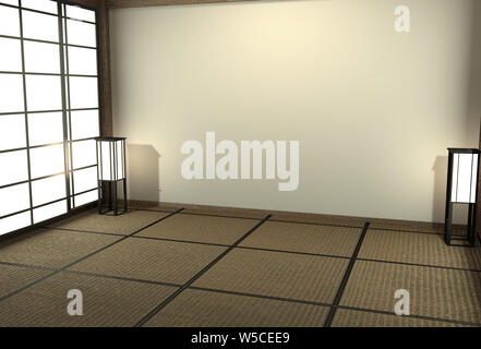 Empty Japanese living room interior minimal design with Tatami mat floor and Japanese Shoji door and decoration japan style 3D rendering Stock Photo