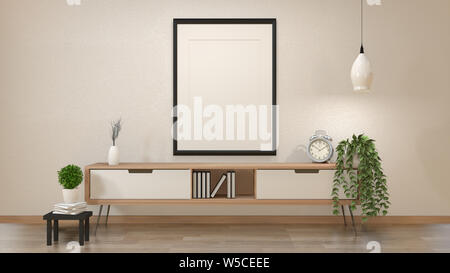 Modern zen interior of japanese living room with wooden cabinet and mock up poster 3d rendering Stock Photo