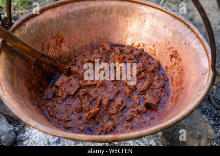 Delicious hungarian goulash in a kettle made outdoor at campfire Stock Photo