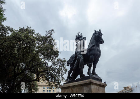 Statue of Barcelona in Placa de Catalunya, Barcelona, Spain, created by Frederic Mares in 1928, represented as woman on horseback Stock Photo