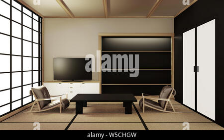 interior design,modern living room with table on tatami mat floor Japanese style. 3d rendering Stock Photo