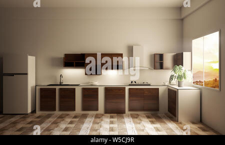 kitchen room interior with Kitchen counter on wooden tiles. 3D rendering Stock Photo