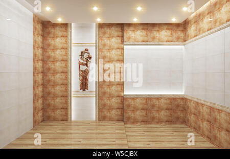 living room interior with tile classic texture wall background on tile brown floor,minimal designs, 3d rendering Stock Photo