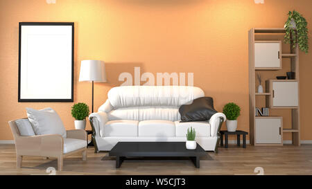 Modern Zen Interior With Sofa And Green Plants Lamp Decoration Japanese Style On Yellow Wall Design Hidden Light 3d Rendering Stock Photo Alamy
