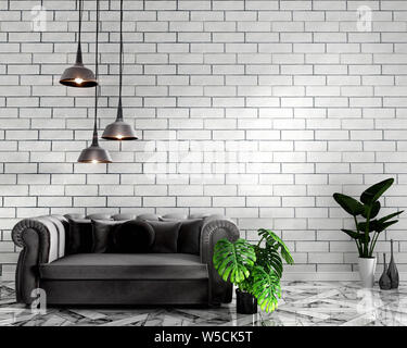 Tropical Loft interior mock up with sofa and decoration and white brick wall on granite floor .3D rendering Stock Photo